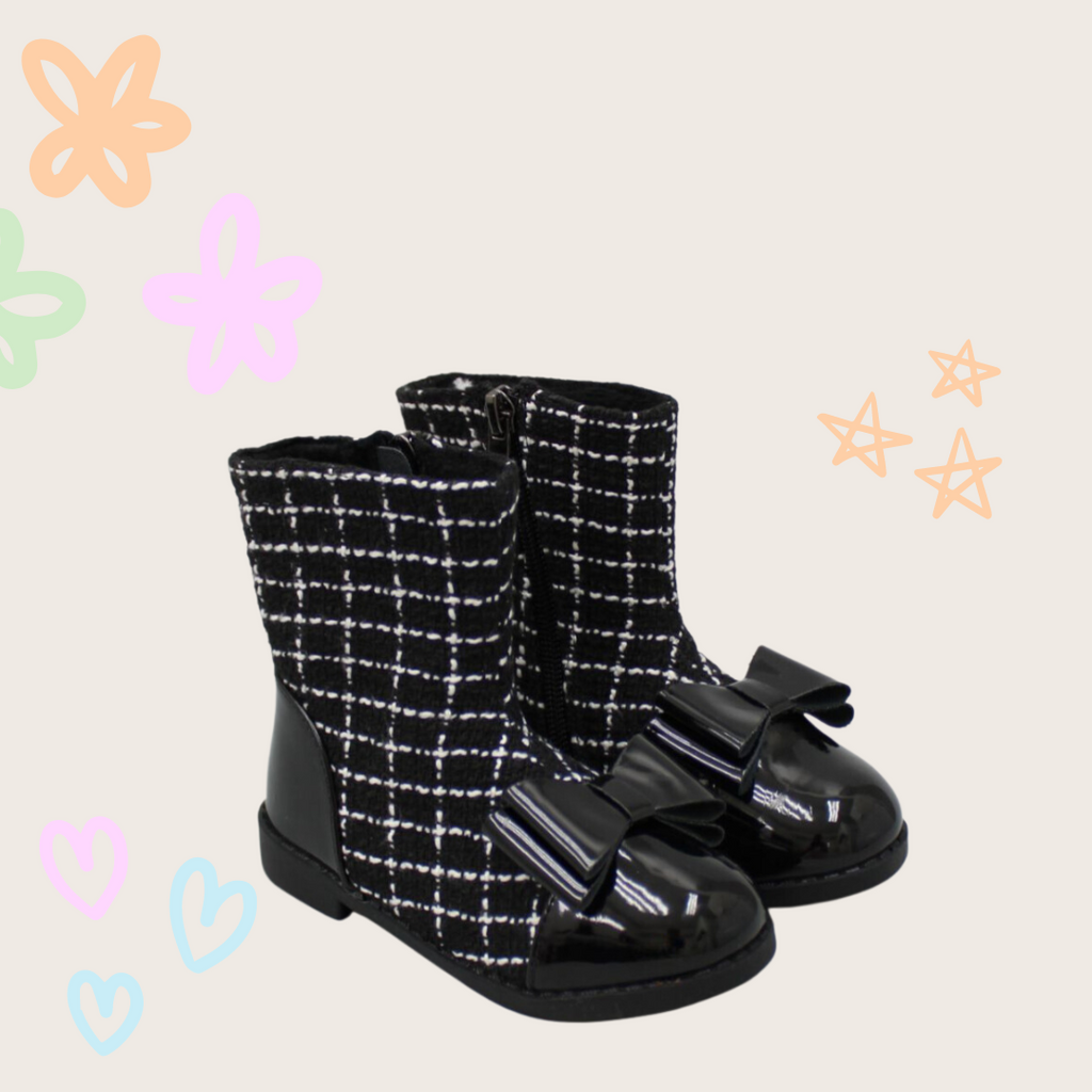 BOW ADORNED BLACK FANCY CHECK BOOTS