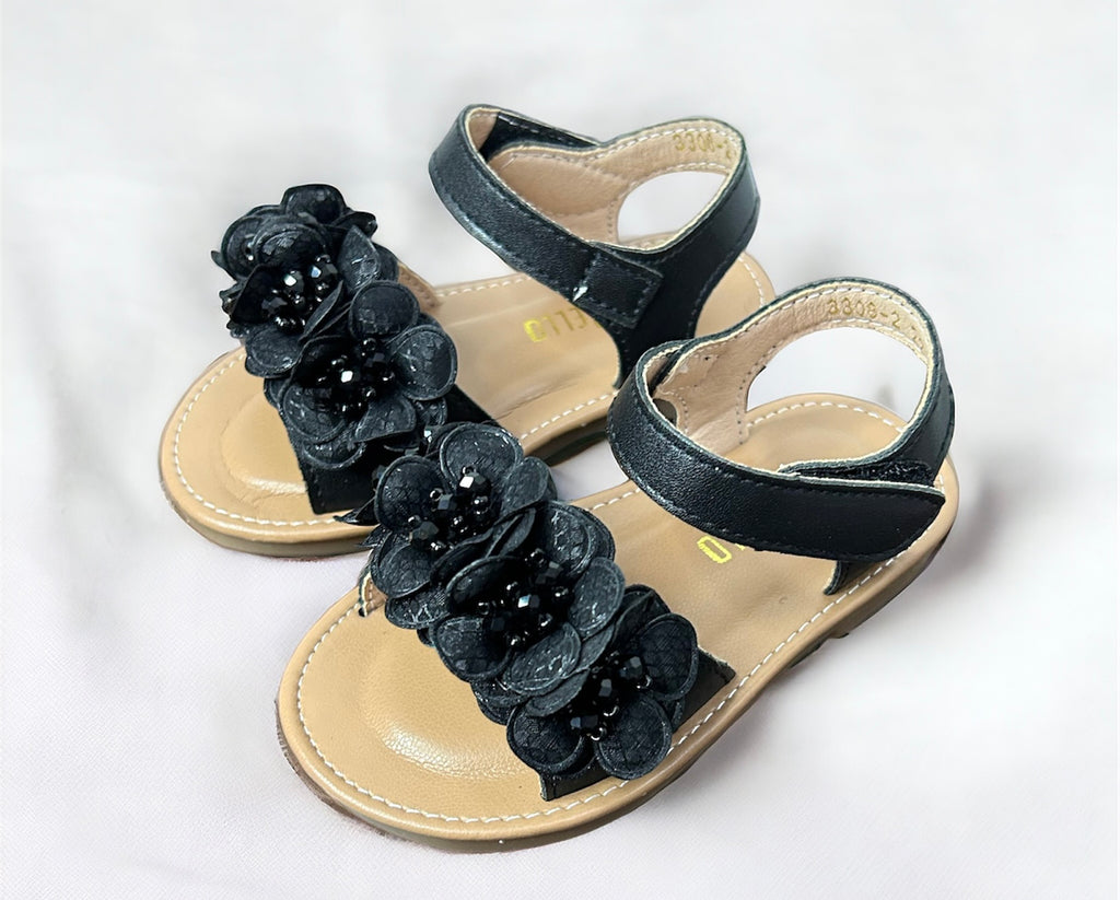 BLACK FLOWER APPLIQUE SANDALS