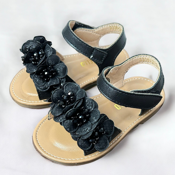 BLACK FLOWER APPLIQUE SANDALS