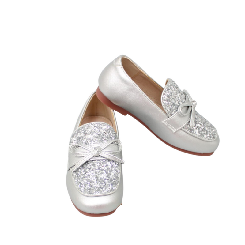 SILVER GLITTER SLIP ON LOAFERS