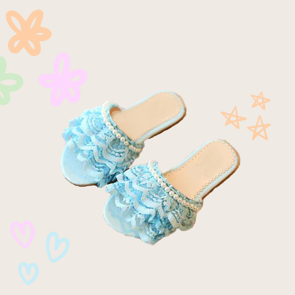 BLUE RUFFLED LACE SLIPPERS