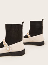 Beige Black Stretchable Belly Boots