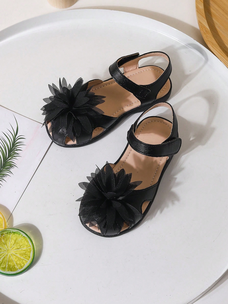 Black Fabric Flower Adorned Sandals