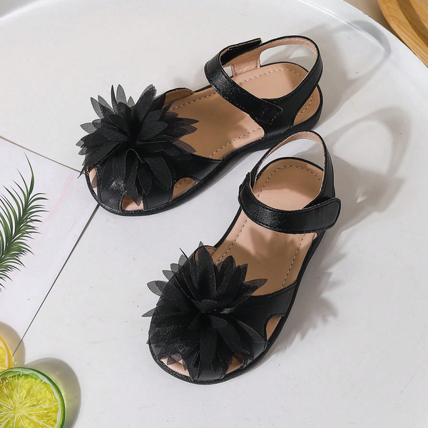 Black Fabric Flower Adorned Sandals