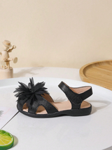 Black Fabric Flower Adorned Sandals